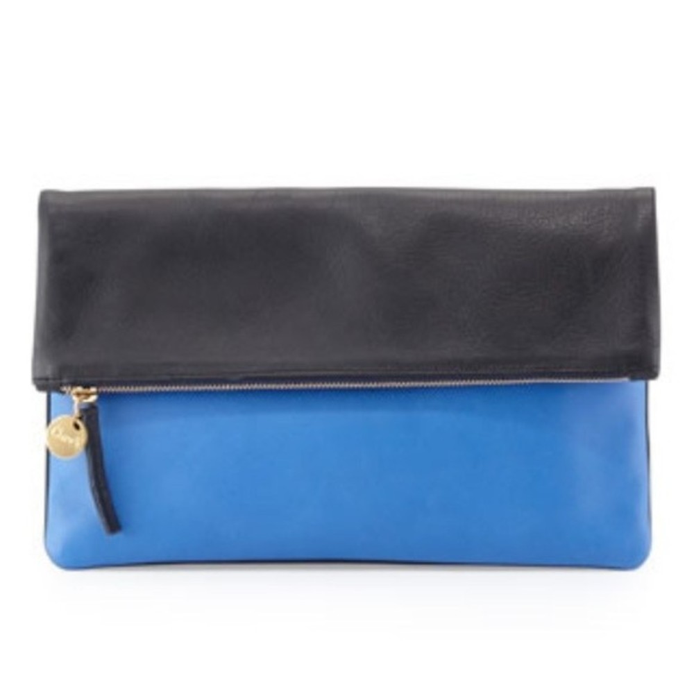 Clare V Supreme Colorblock Fold-Over Tumbled Leather Clutch Bag Navy Cobalt Blue - Picture 3 of 6